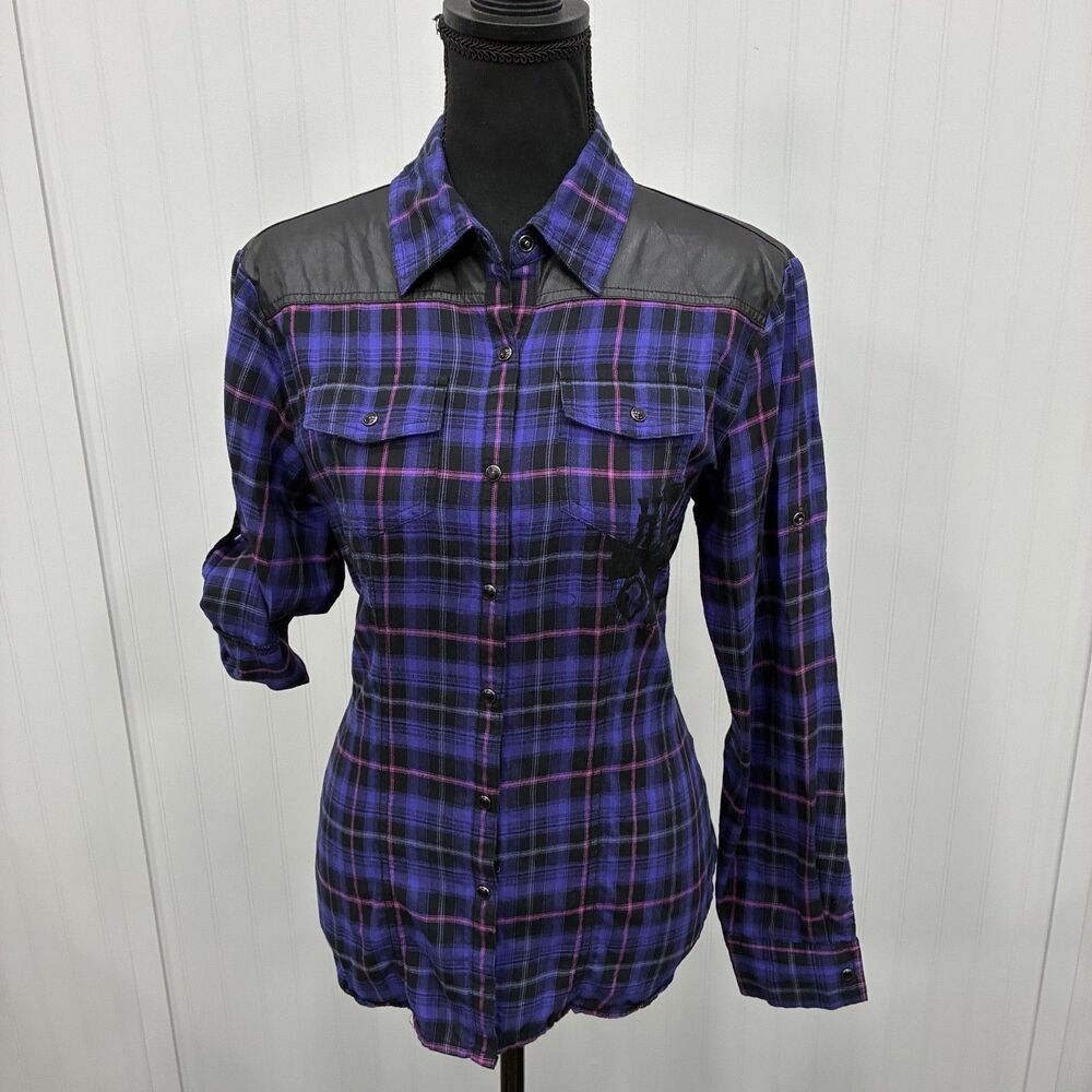 Harley Davidson Women's Small* Purple Plaid Button Up Top Biker Grunge Leather